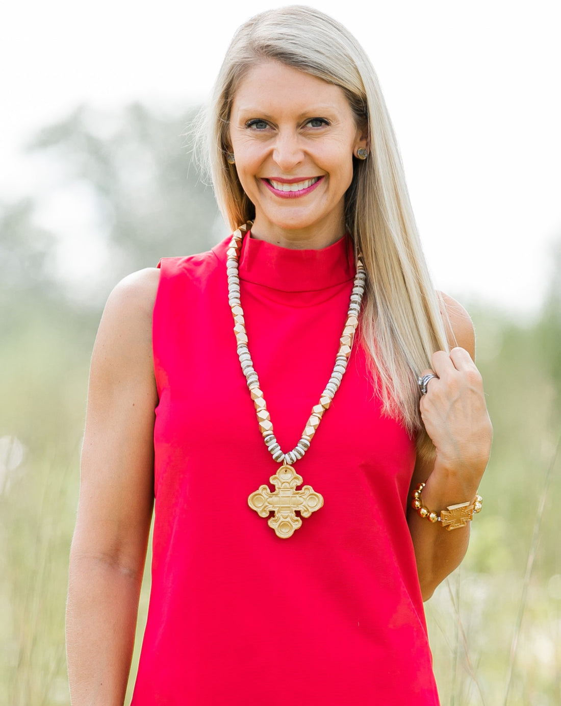 White & Gold African Glass with Esther Cross Necklace