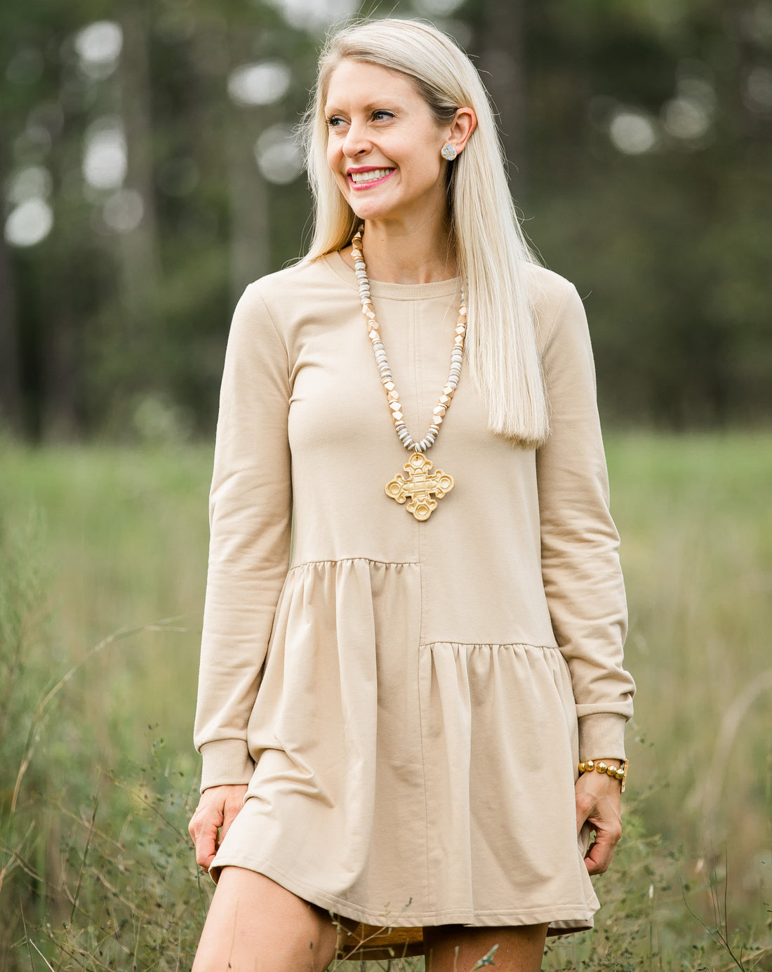 White & Gold African Glass with Esther Cross Necklace