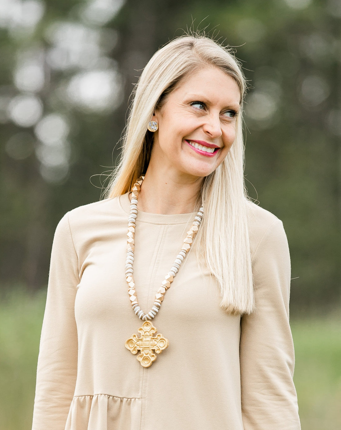 White & Gold African Glass with Esther Cross Necklace