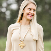 White & Gold African Glass with Esther Cross Necklace