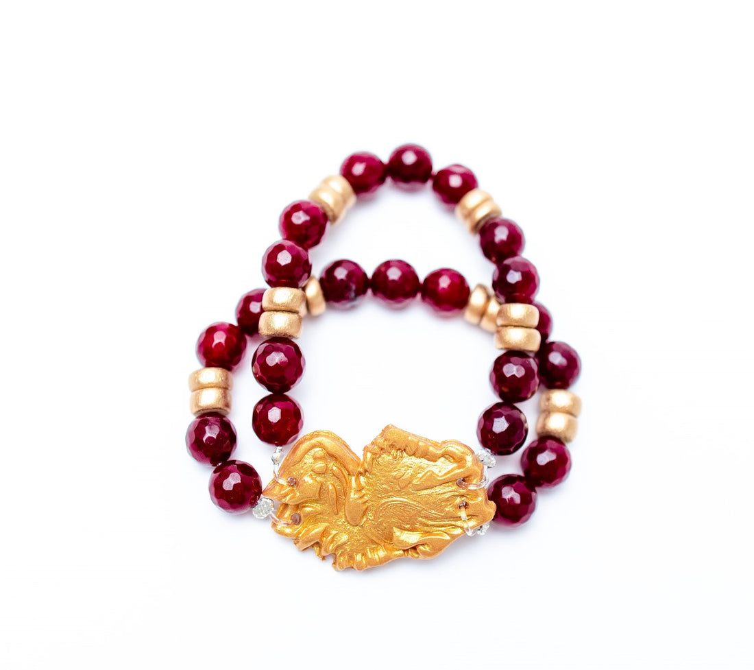 Garnet Double Strand with Gamecock Bracelet