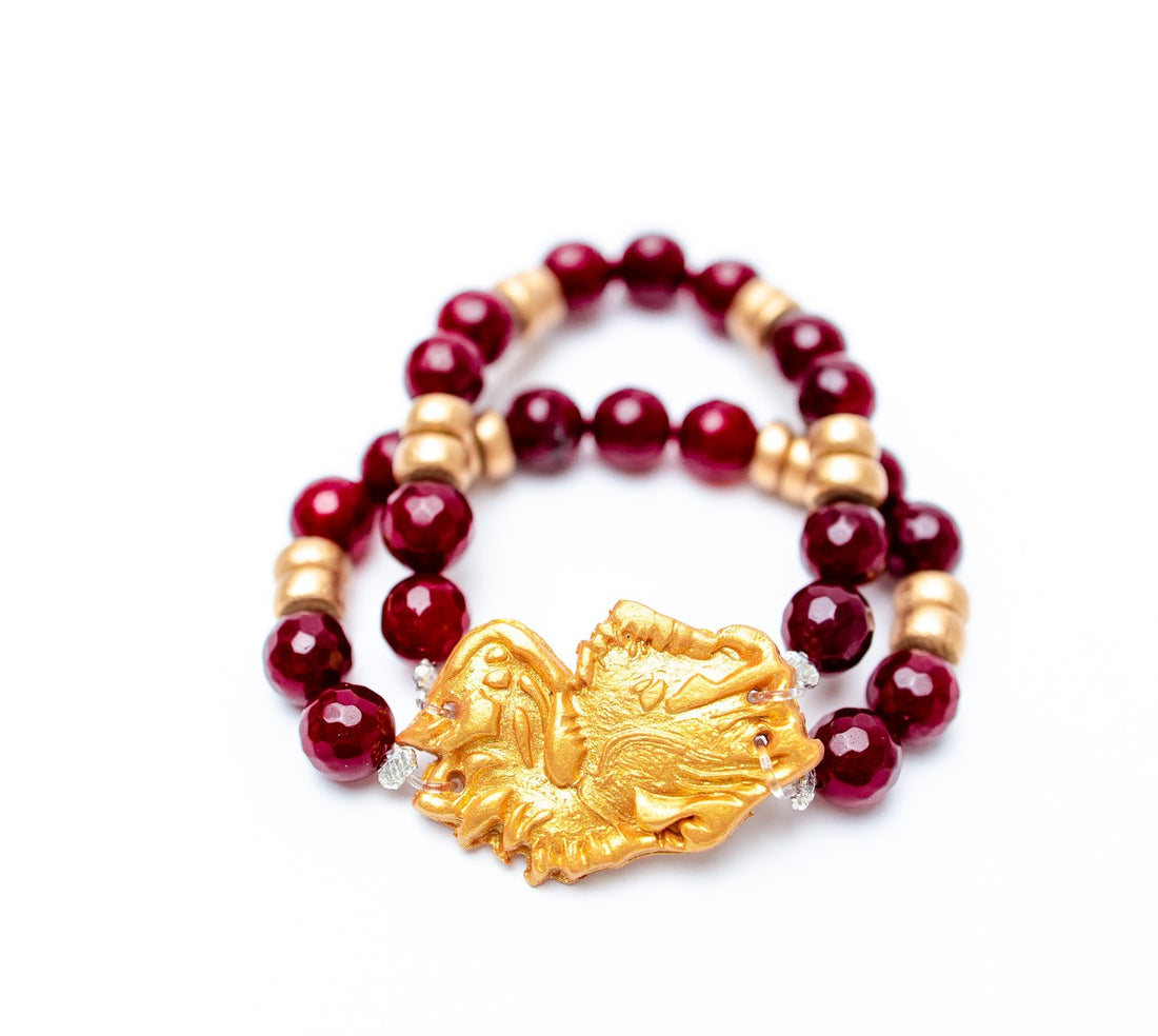 Garnet Double Strand with Gamecock Bracelet