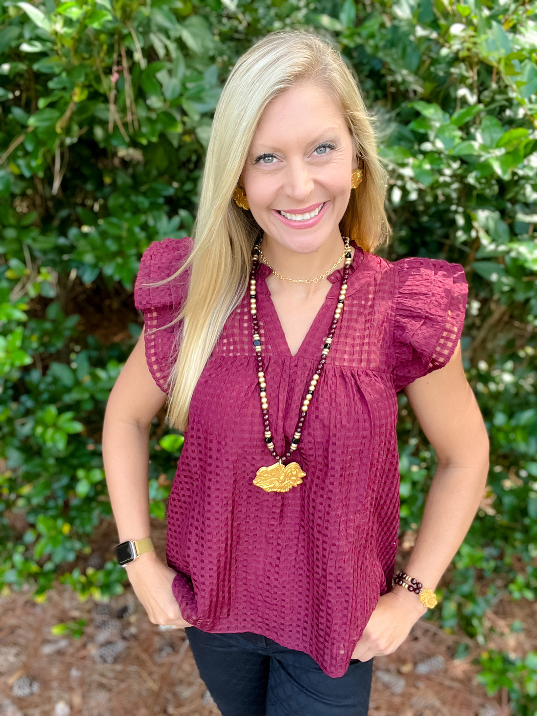 Garnet Double Strand with Gamecock Bracelet