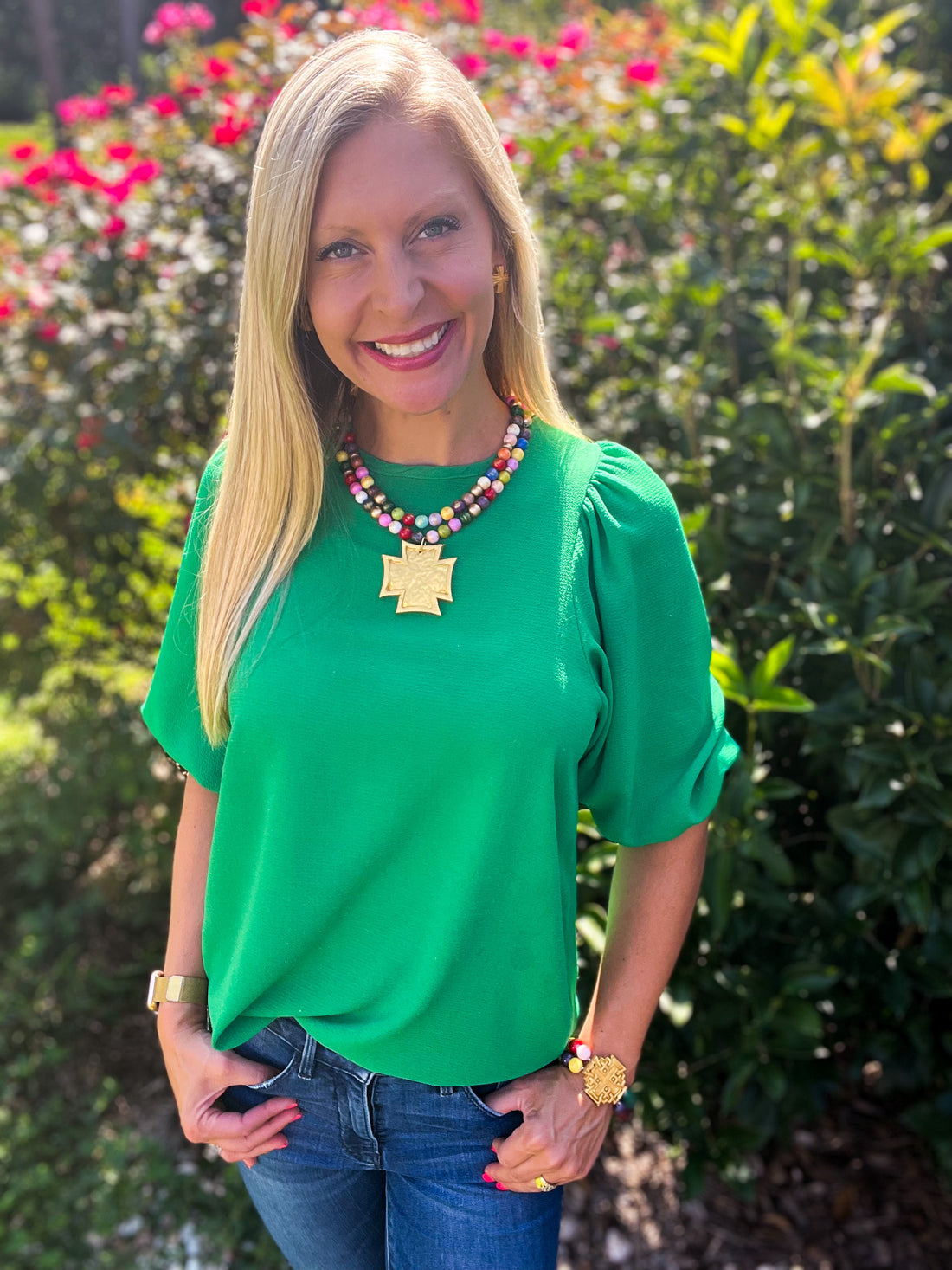 Multicolored Double Strand with Neal Cross Necklace