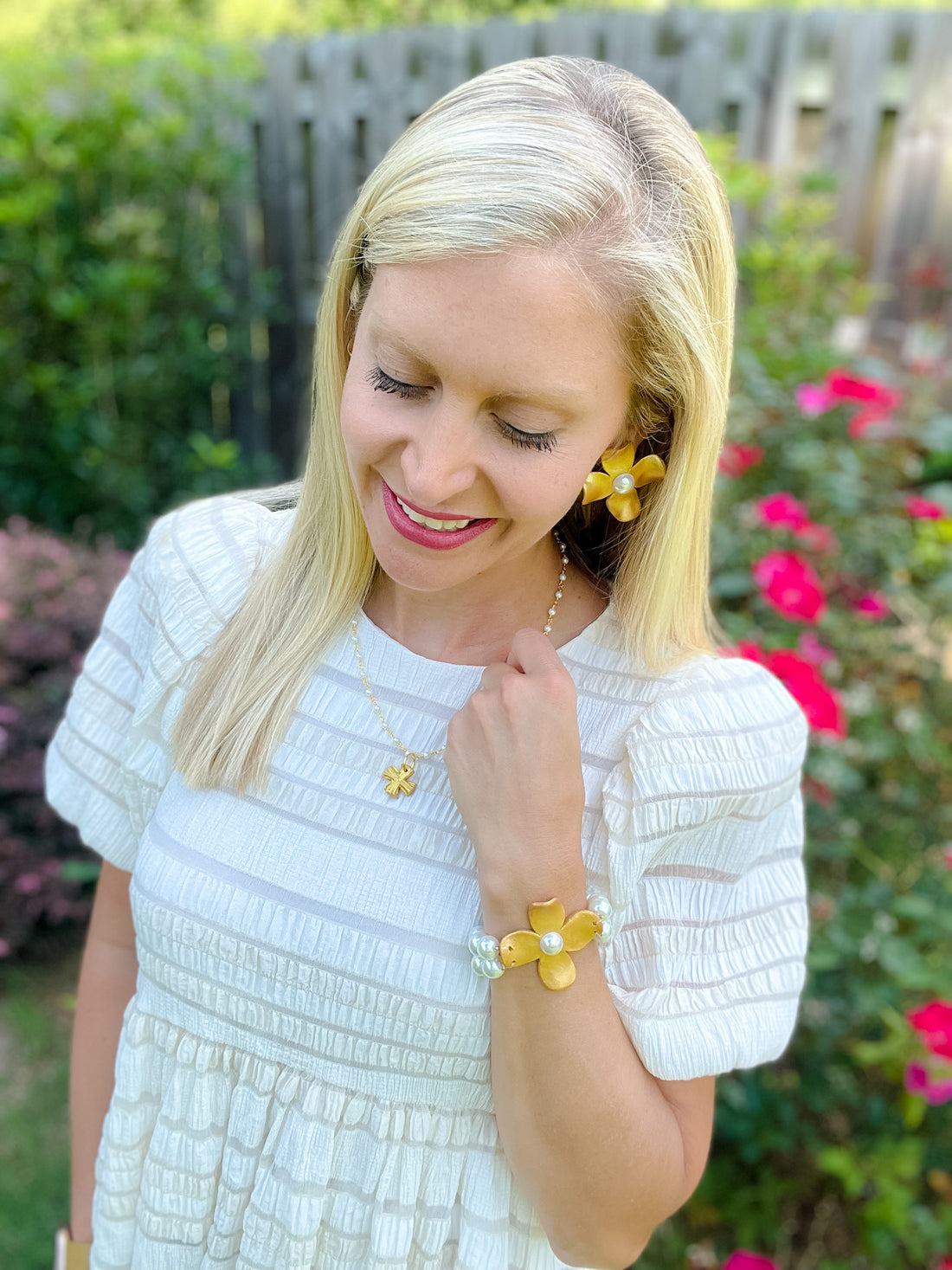 Pearl Double Strand with Dogwood Flower Bracelet