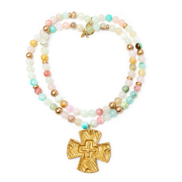 Double Strand Pastel Rainbow Jade with Cari Cross Necklace