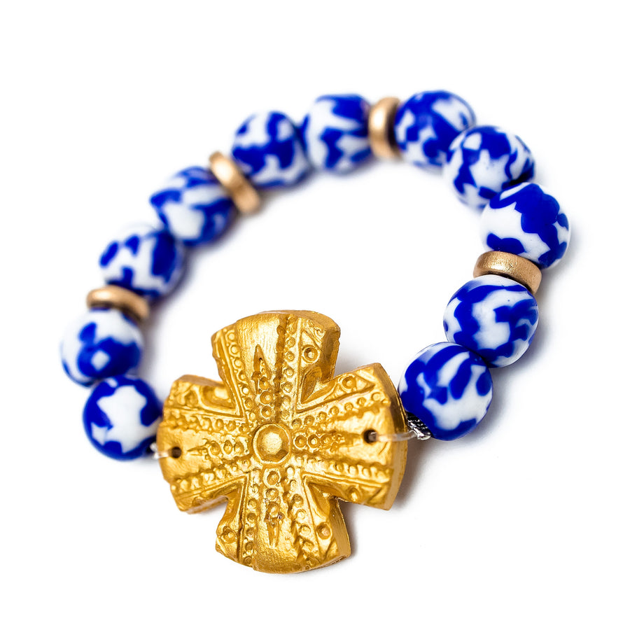 Cobalt African Fused Glass with Rachel Cross Bracelet