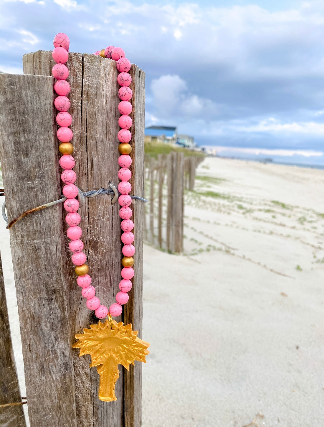 Pink Jade with Palmetto Tree Necklace