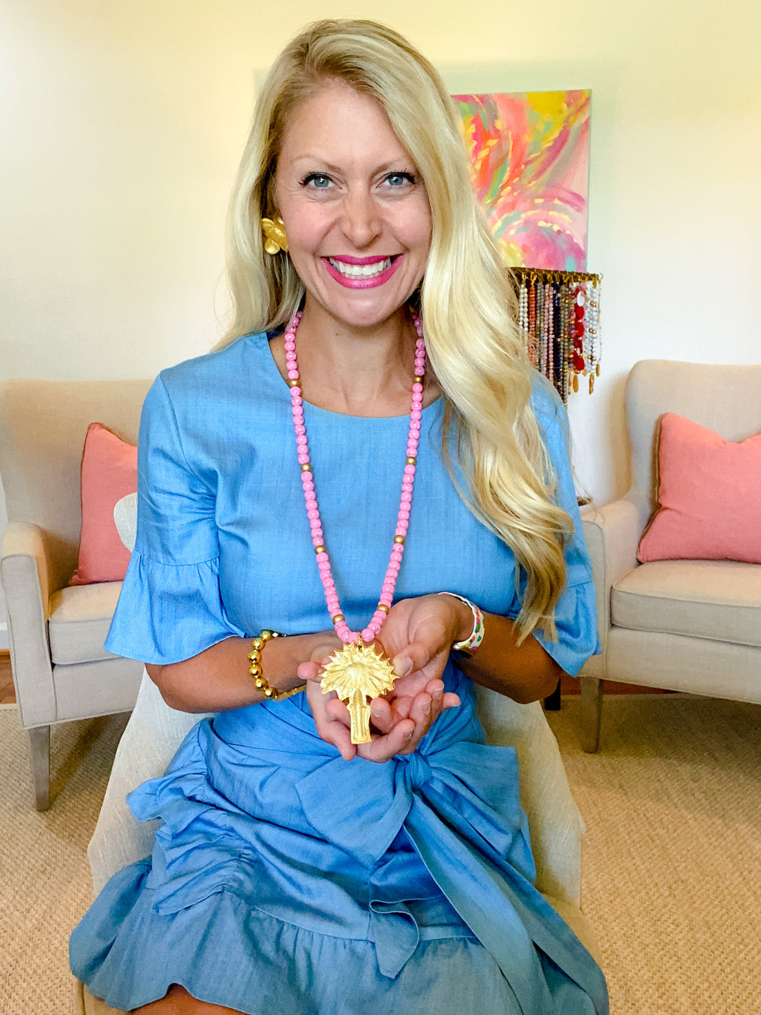 Pink Jade with Palmetto Tree Necklace