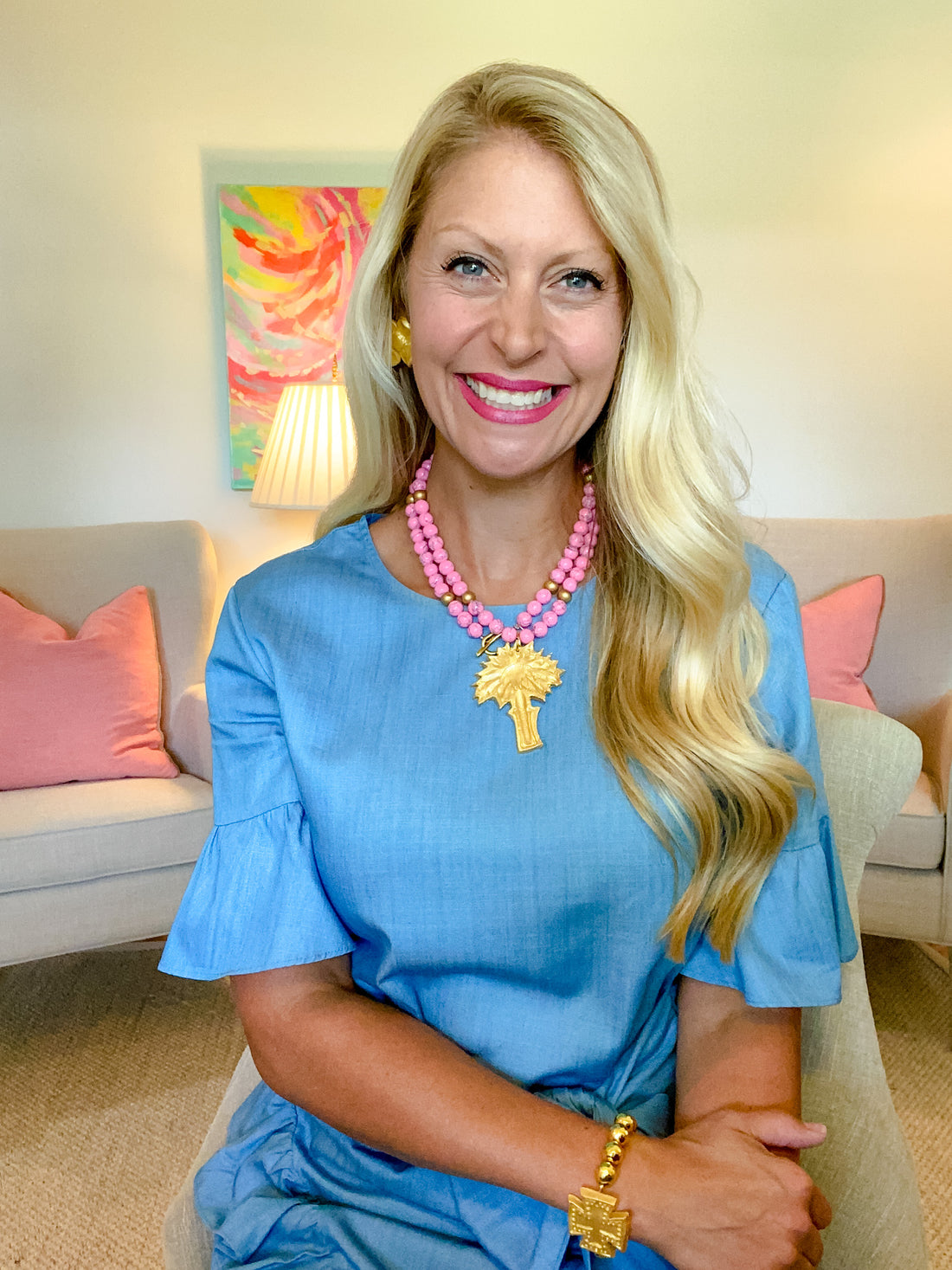 Pink Jade with Palmetto Tree Necklace