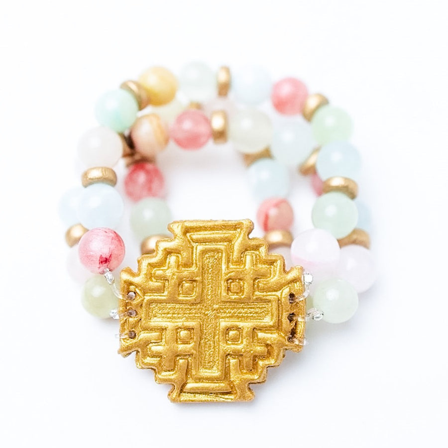 Light Multicolored Jade Triple Strand with Jerusalem Cross Bracelet