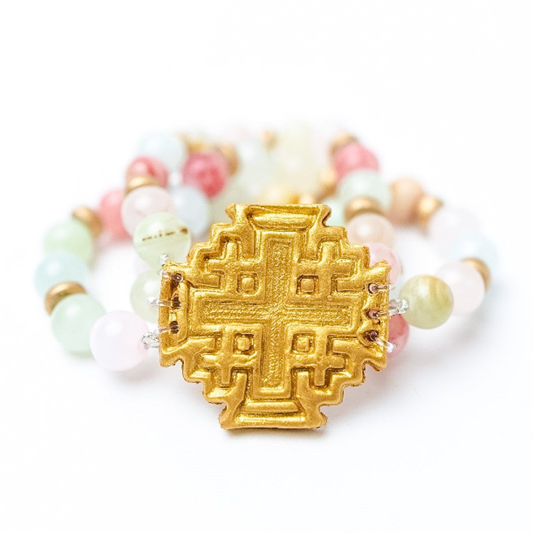 Light Multicolored Jade Triple Strand with Jerusalem Cross Bracelet