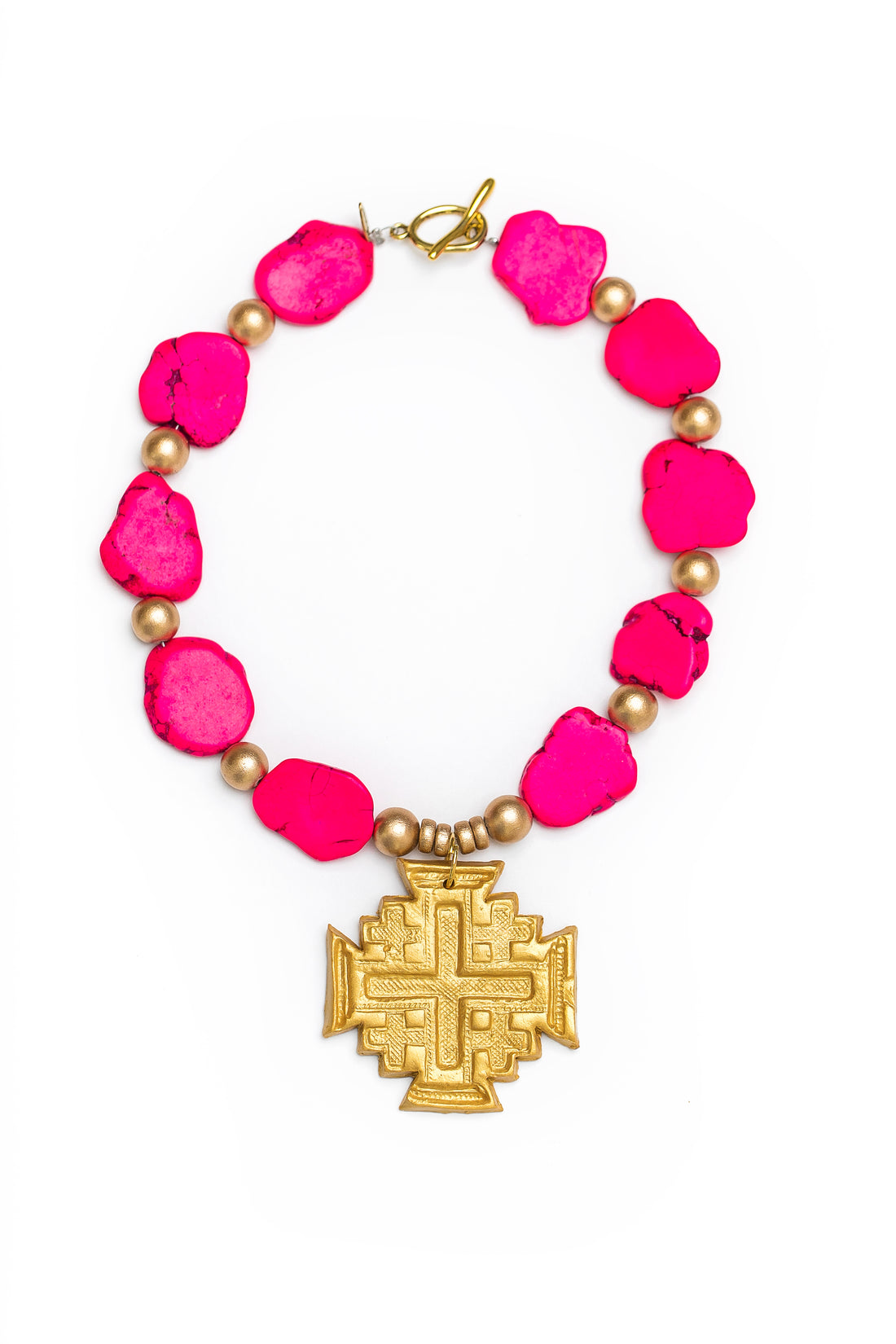 Hot Pink Jade Nuggets with Jerusalem Cross Necklace