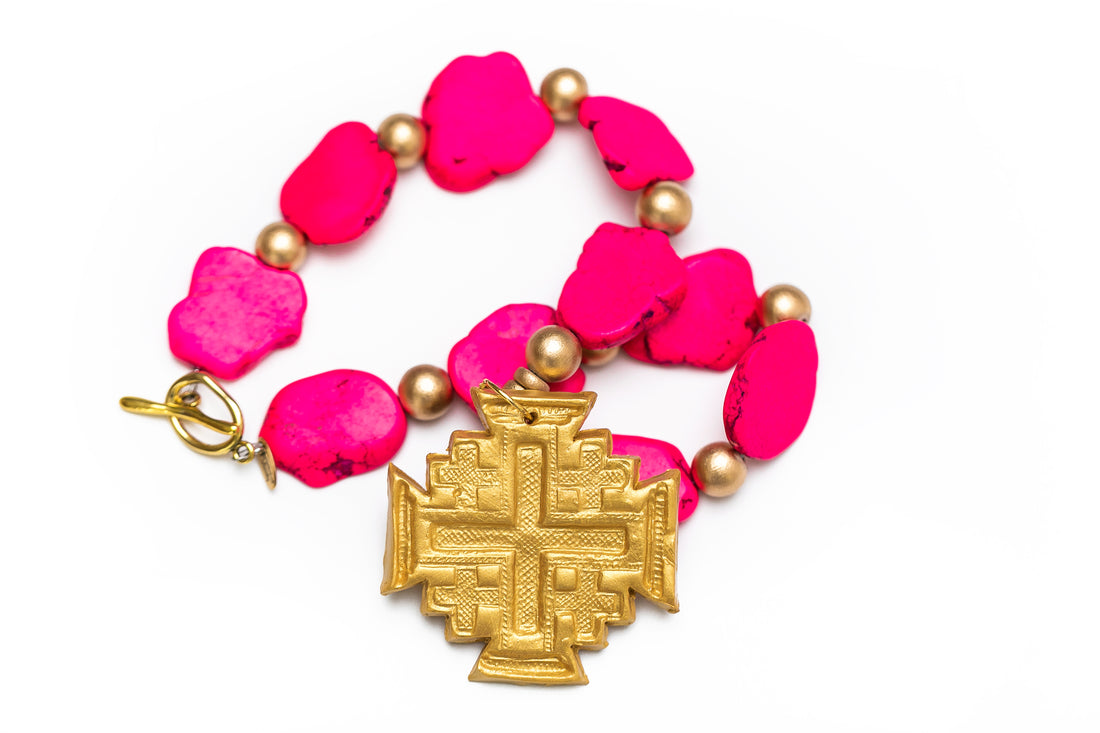 Hot Pink Jade Nuggets with Jerusalem Cross Necklace