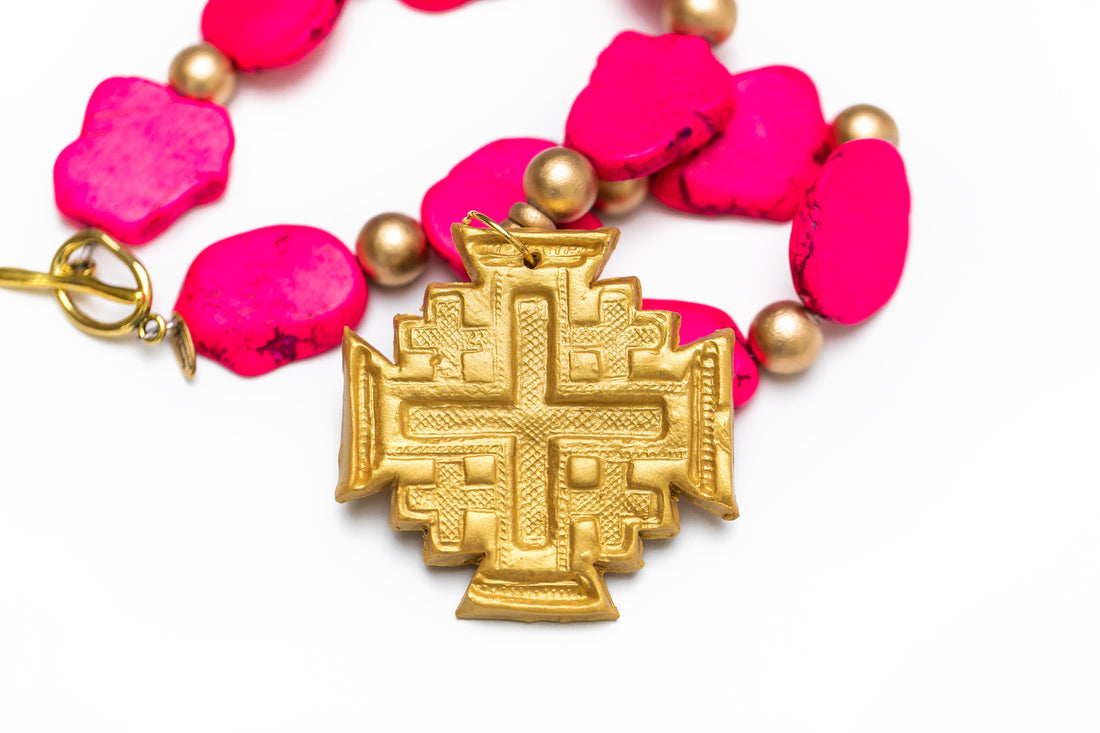 Hot Pink Jade Nuggets with Jerusalem Cross Necklace