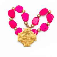Hot Pink Jade Nuggets with Jerusalem Cross Necklace