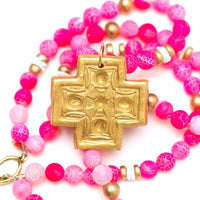 Double Strand Pink Fire Agate with Lere Cross Necklace