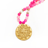 Pink Fire Agate with Favor Cross Necklace