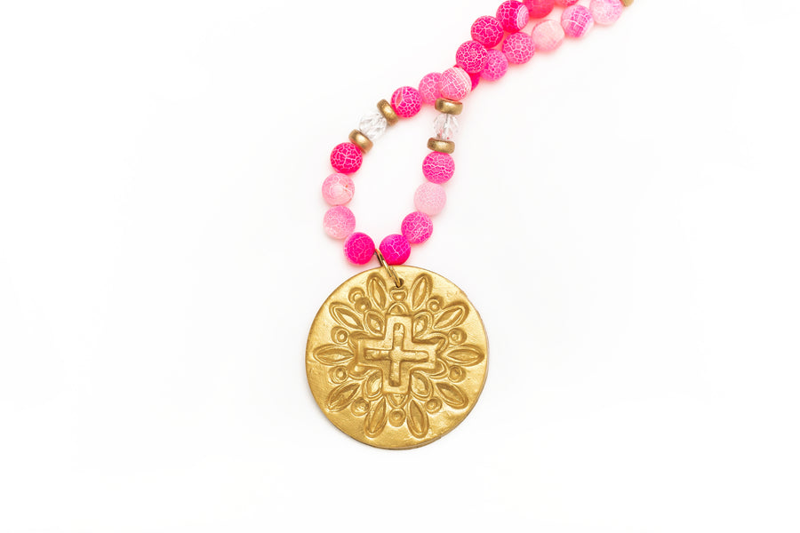 Pink Fire Agate with Favor Cross Necklace