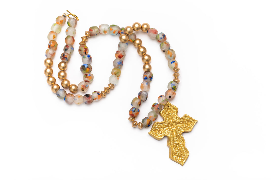 Rainbow Speckled African Recycled Glass with Hidden Truth Cross Necklace