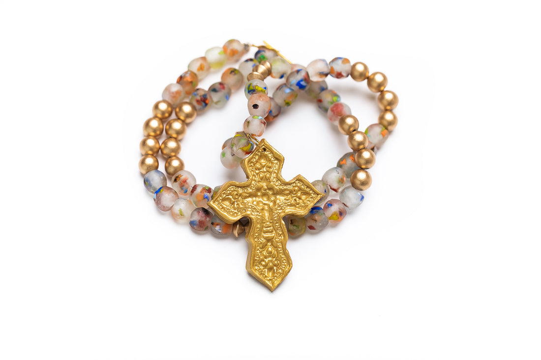 Rainbow Speckled African Recycled Glass with Hidden Truth Cross Necklace