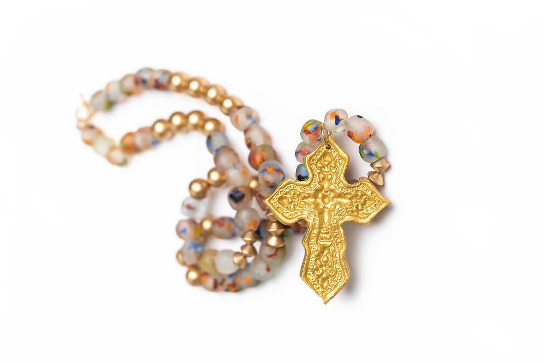 Rainbow Speckled African Recycled Glass with Hidden Truth Cross Necklace