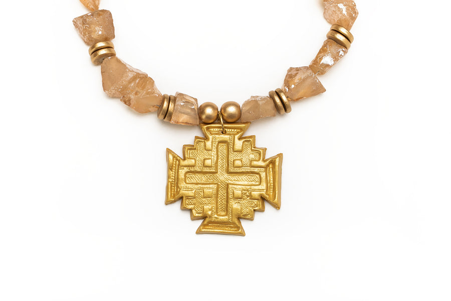 Champagne Quartz Raw Nuggets with Jerusalem Cross Necklace