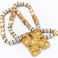 White & Gold African Glass with Esther Cross Necklace