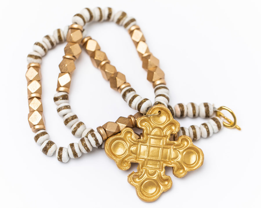 White & Gold African Glass with Esther Cross Necklace