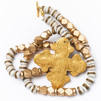 White & Gold African Glass with Esther Cross Necklace