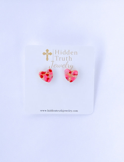 Pink & Red Confetti Heart Studs