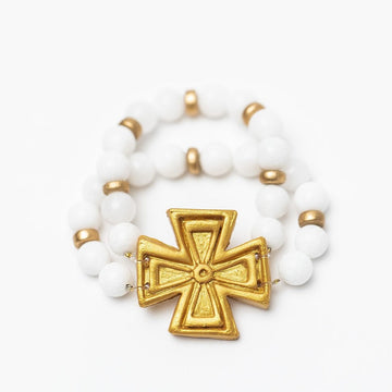 White Jade Double Strand with Anna Cross