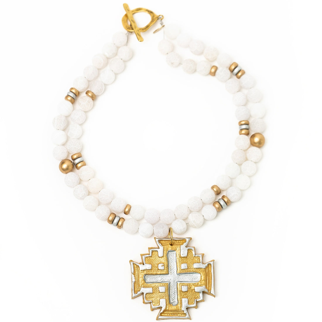 White Crackled Agate Double Strand with Silver & Gold Jerusalem Cross