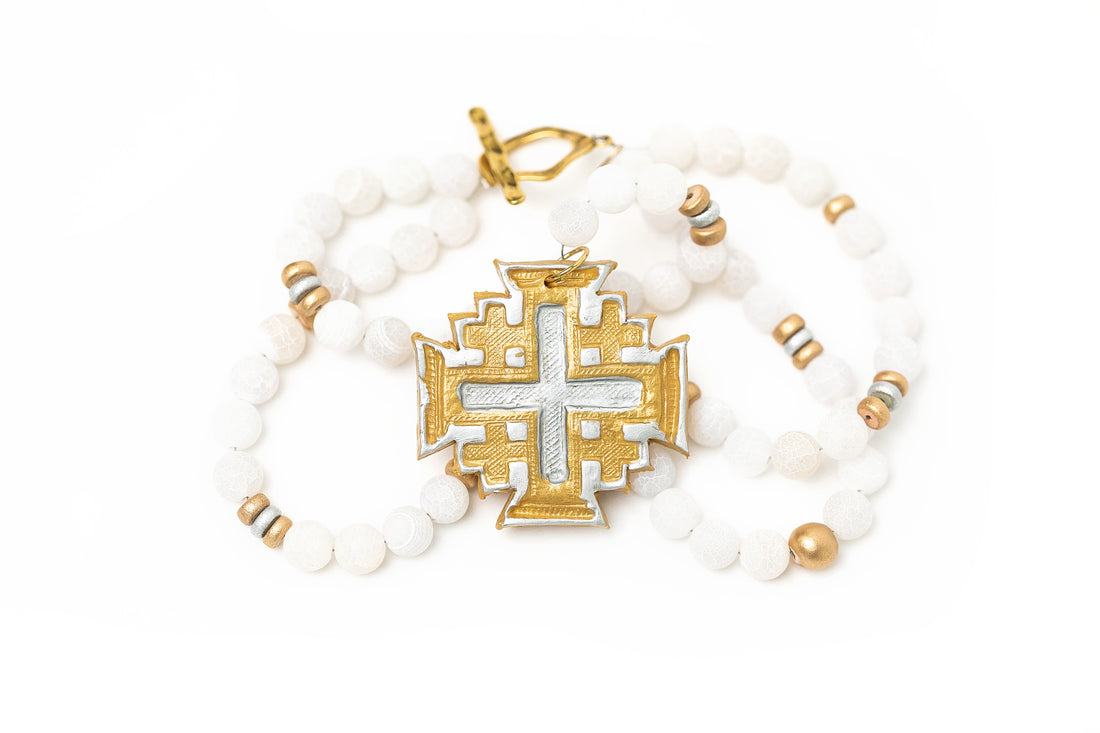 White Crackled Agate Double Strand with Silver & Gold Jerusalem Cross