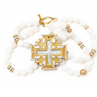 White Crackled Agate Double Strand with Silver & Gold Jerusalem Cross
