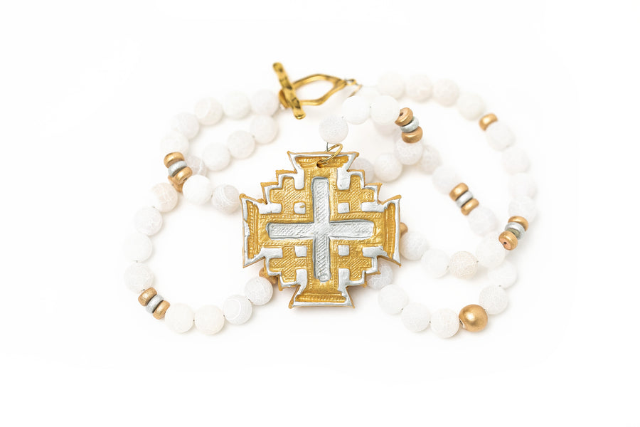 White Crackled Agate Double Strand with Silver & Gold Jerusalem Cross