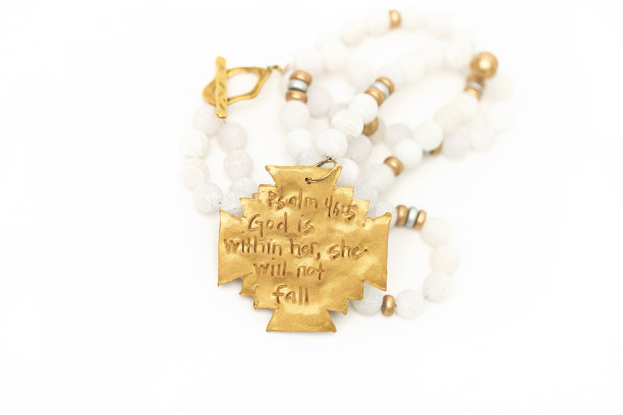 White Crackled Agate Double Strand with Silver & Gold Jerusalem Cross