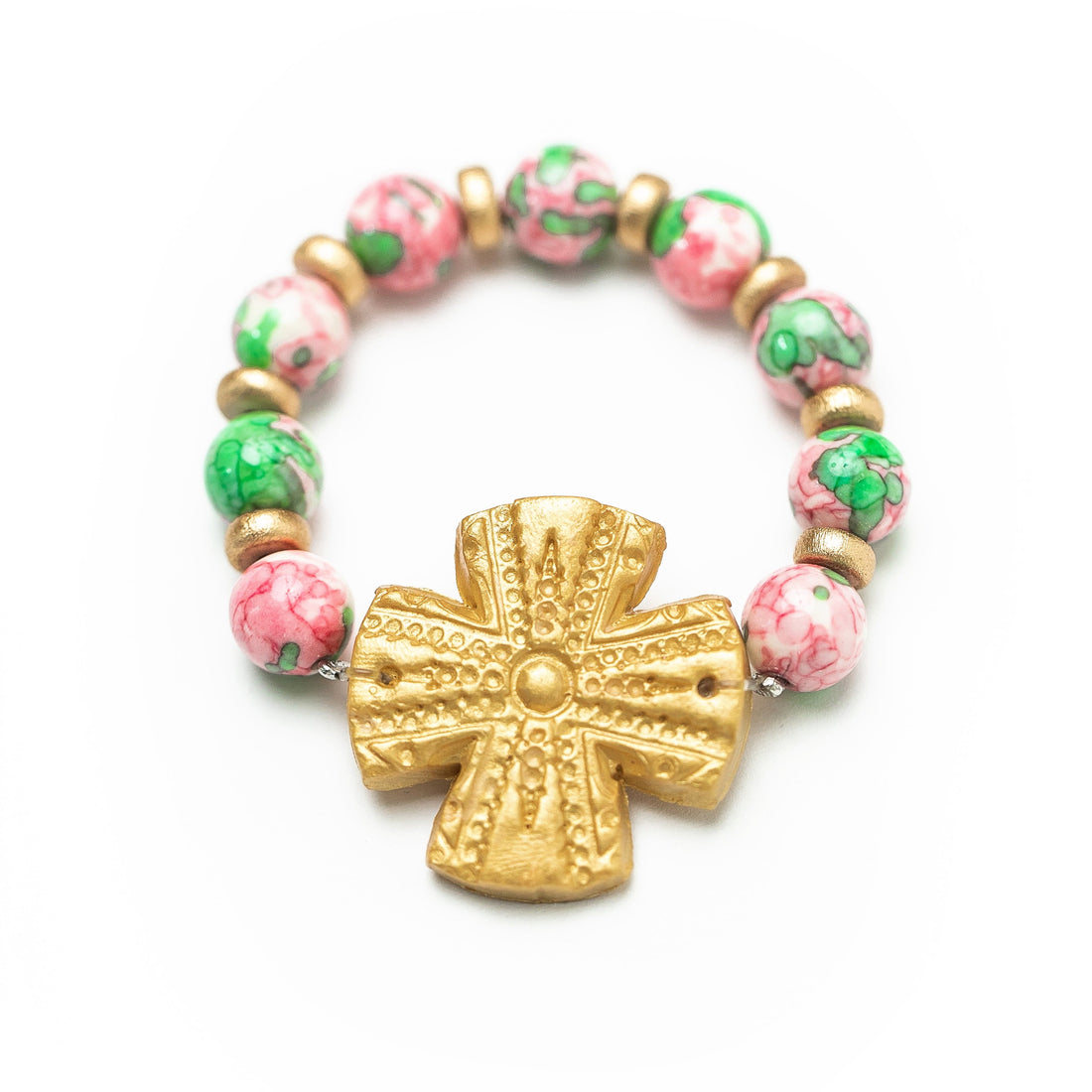 Pink & Green Rainflower Jade with Rachel Cross Bracelet