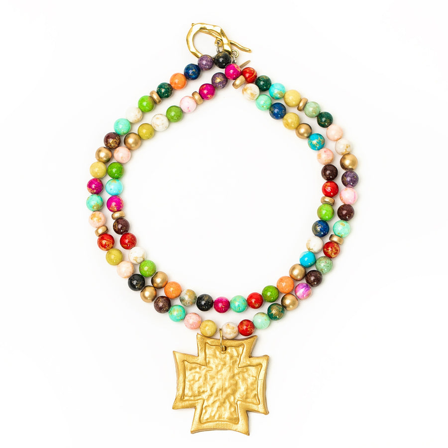 Multicolored Double Strand with Neal Cross Necklace