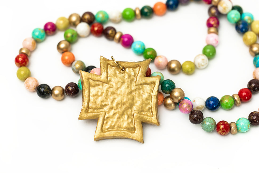 Multicolored Double Strand with Neal Cross Necklace