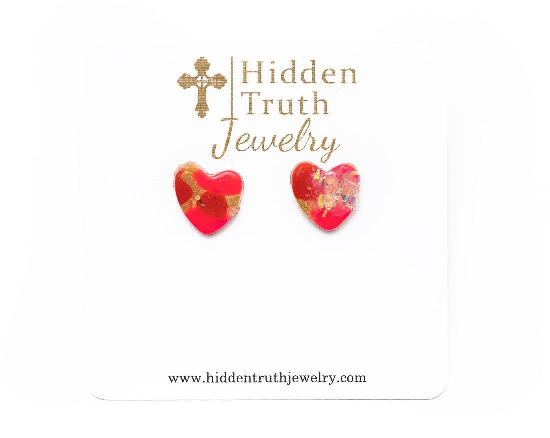 Pink & Red Confetti Heart Studs