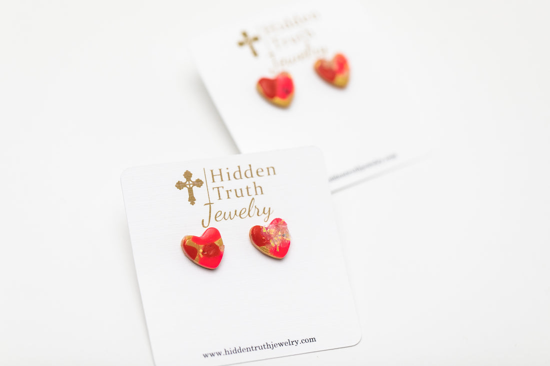 Pink & Red Confetti Heart Studs