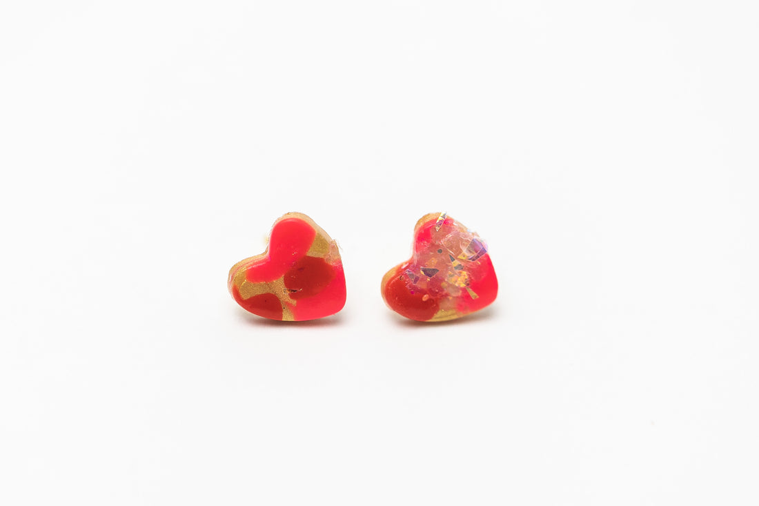 Pink & Red Confetti Heart Studs