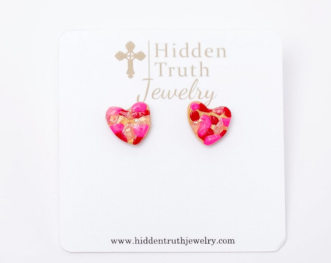 Pink & Red Confetti Heart Studs