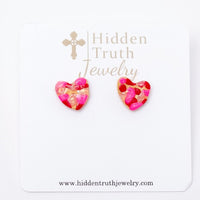 Pink & Red Confetti Heart Studs