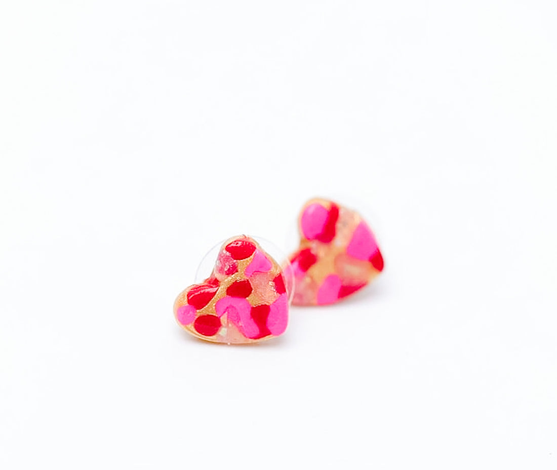 Pink & Red Confetti Heart Studs