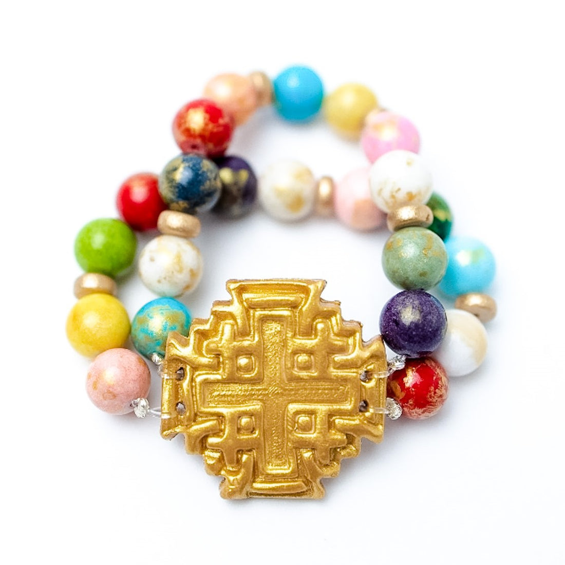 Multicolored Jade Double Strand with Jerusalem Cross Bracelet